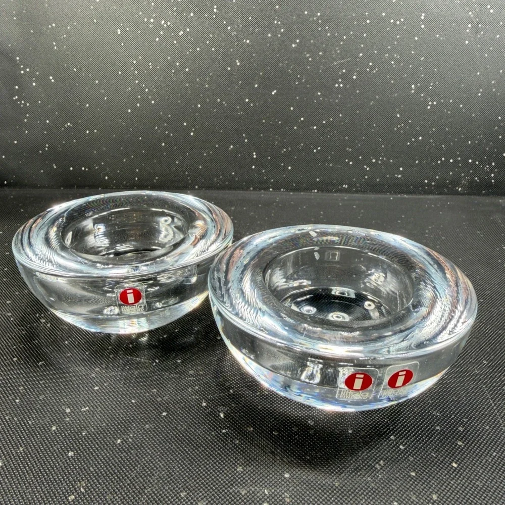 Iittala Finland Clear Glass Votive Tea Light Candle Holders Set of 2 MCM 3.5in